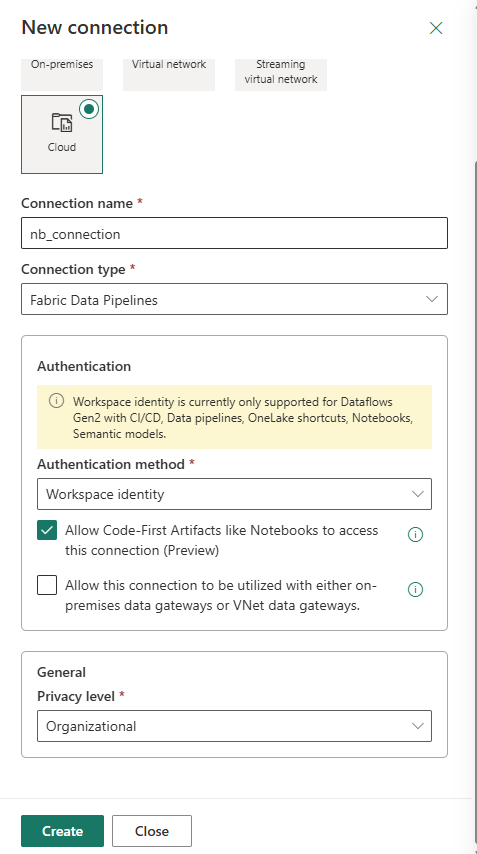 New connection — Cloud type, connection name nb_connection, Fabric Data Pipelines, Workspace identity authentication, Allow Code-First Artifacts checked, Privacy level: Organizational